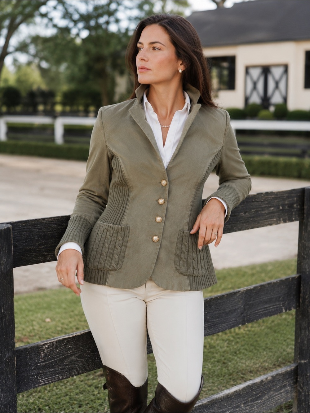 SUNDANCE Olive Green Quiet Luxury Canvas and Cable Knit Utility Jacket/Blazer, 4